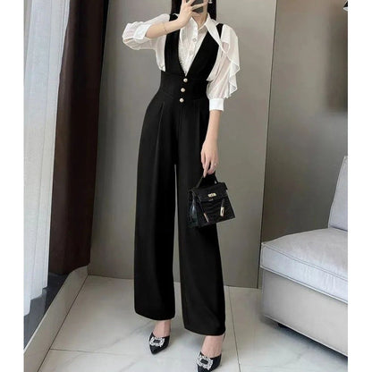 maoxiangshop Summer and Autumn New Design Suspender Pants Women's Gao-Grade Slimming High Waist Suit Wide Leg Pants Black Jumpsuit