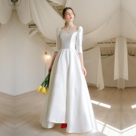 2025 Simple retro satin wedding dress, spring  new medium and long-sleeved square neck satin door light wedding dress