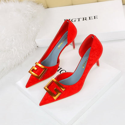 6168-2 2025 sexy nightclubs show thin thin heels high heels shallow mouth pointed side hollow square buckle single shoes high heels