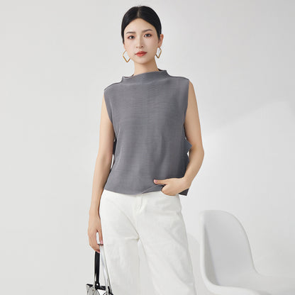 2025 Early autumn high-end top temperament semi-turtleneck irregular vest design niche versatile  T-shirt