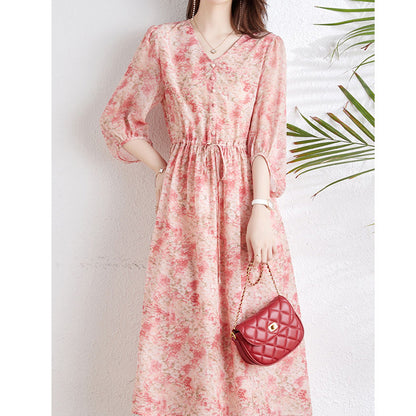 2025 Silk dress mulberry silk high-end coffee break  floral skirt summer women's printing waist medium and long