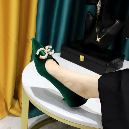 237-K79 Korean version banquet women's shoes medium heel thickened suede shallow mouth pointed metal rhinestone pearl buckle single shoes women