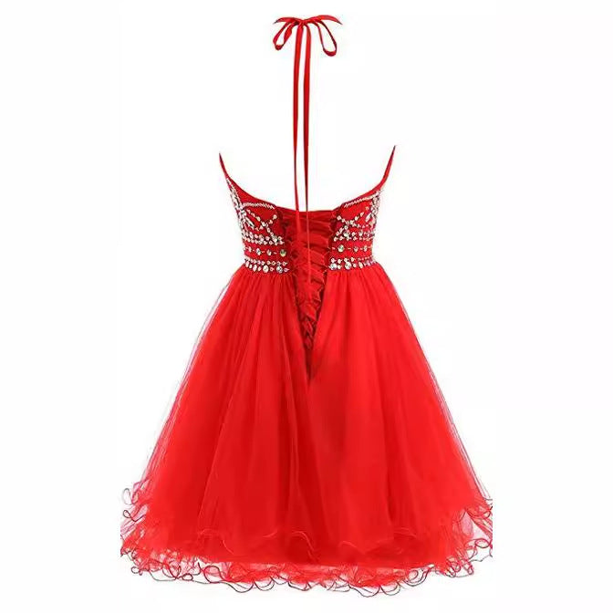 maoxiangshop-shop dresses Slim-Fit Small Dress Halter Short Bridal Wedding Dress Banquet Evening Dress Lace New Red Women