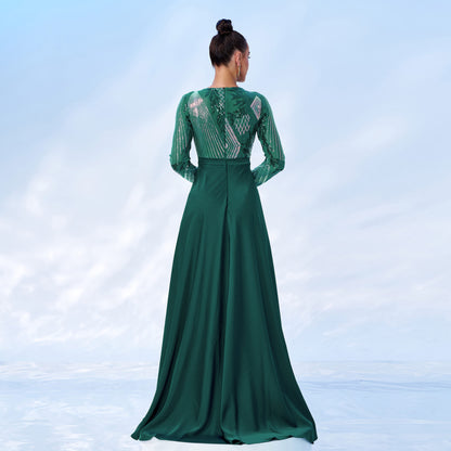 2025 new long-sleeved crew neck long sequined banquet cape fish tail evening dress bridesmaid dress women