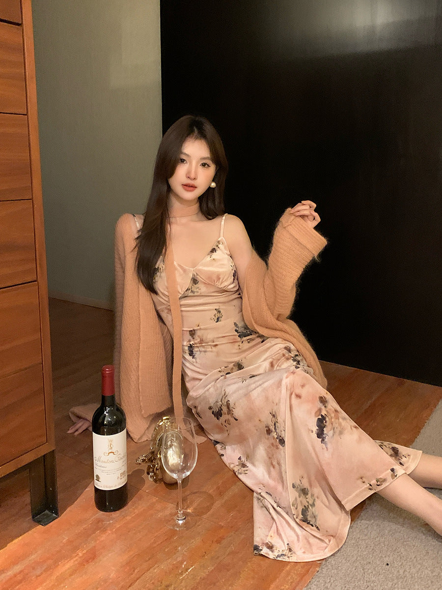 2025 Thirteen Lines popular Autumn New Temperament Printing Pure Desire High Waist Suspender Dress Women 88105