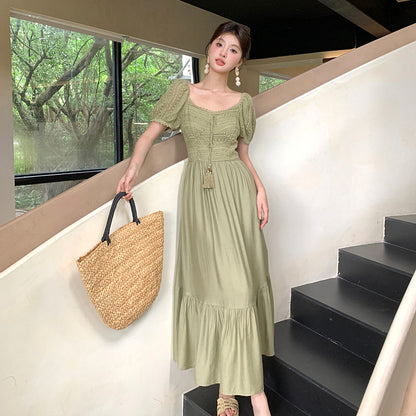 2025 popular summer dress new Korean version high waist short sleeve temperament dress vacation style long dress children 88087