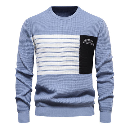 MAOXIANGSHOP 2025 Autumn new sweater men's striped splicing long-sleeved men's knitted sweater round neck trendy men's casual sweater