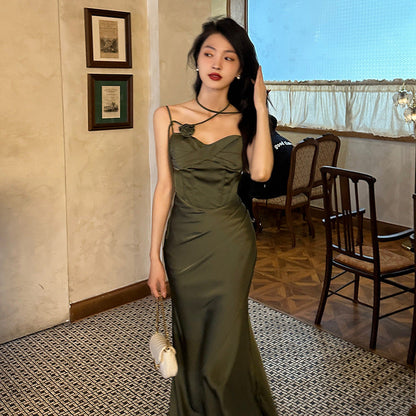 maoxiangshop-shop party dresses Satin Sling Dress Women's Early Spring New Slimming Slim High-Grade Long Dress