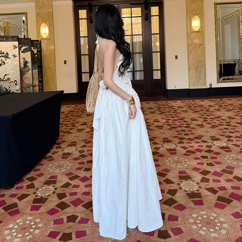 White lace hollowed-out neck sling dress, summer seaside vacation style, unique and beautiful waist A-word long dress