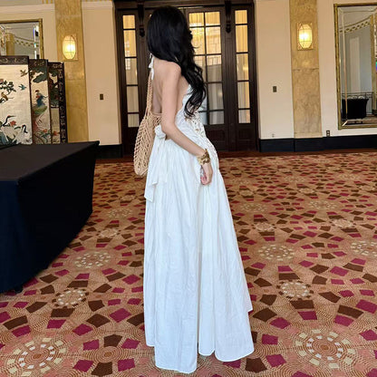 White lace hollowed-out neck sling dress, summer seaside vacation style, unique and beautiful waist A-word long dress