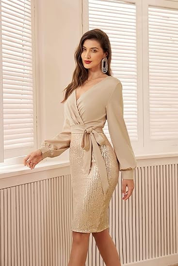 MAOXIANGSHOP 2025 new women's double spell, women's sequined party cocktail party tight glitter dress long sleeve evening dress