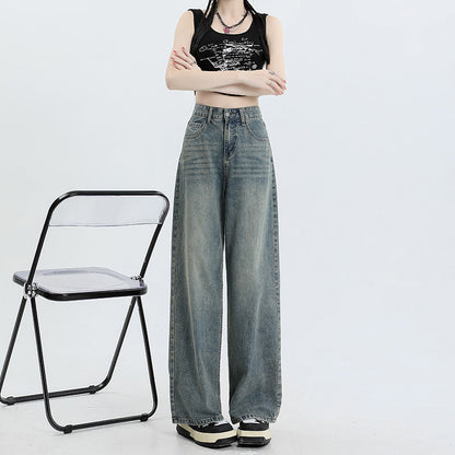 concert outfit Blue and Gray Wide-Leg Jeans for Women Spring and Autumn  New High Waist Straight Loose Mop Pants American Retro