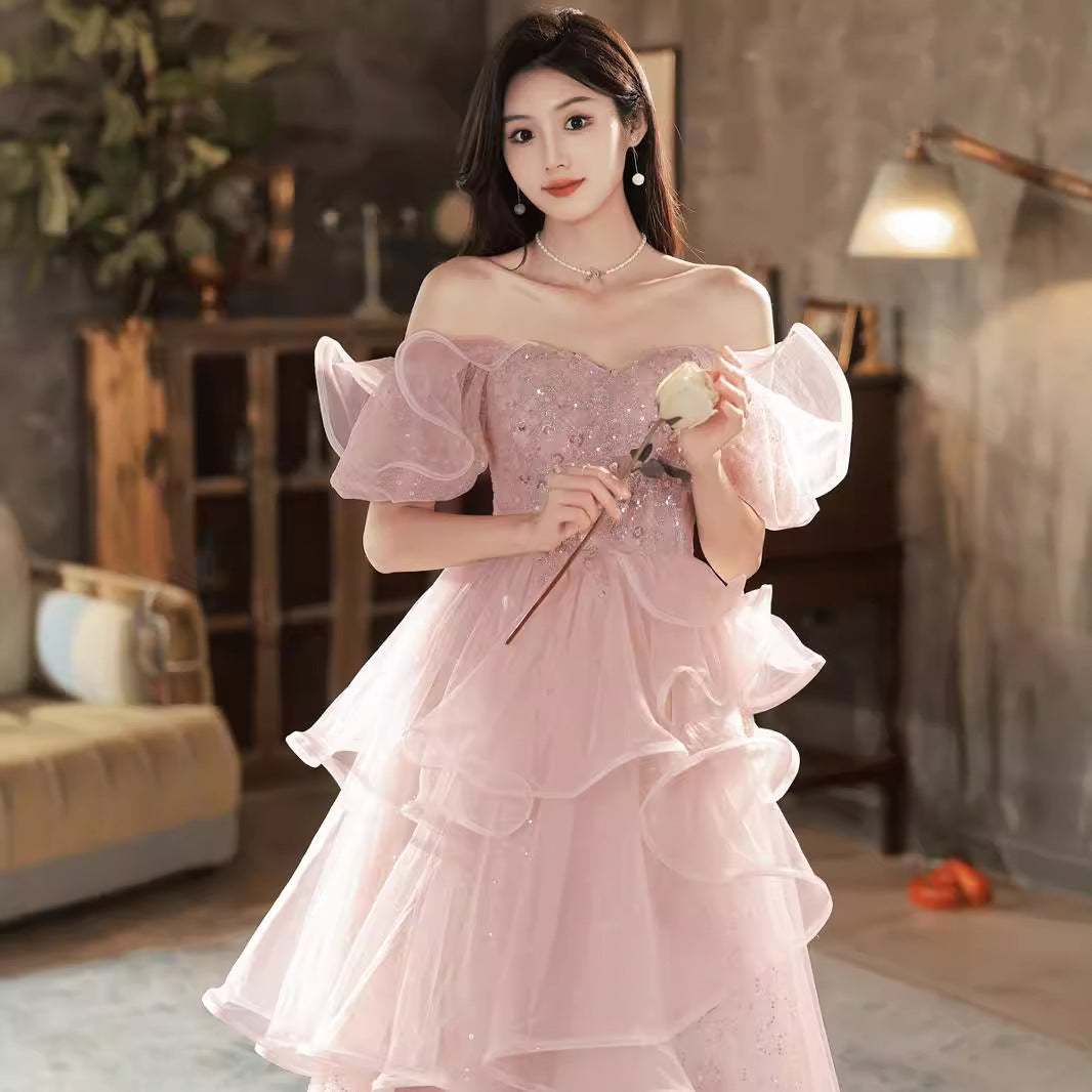 evening dress women's 2025 new temperament celebrity style presiding over art examination super fairy pink engagement banquet dress