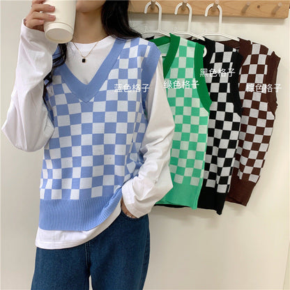 maoxiangshop-shop fall outfits black women 2024 Early Autumn New Slimming Chessboard Plaid Sweater V-neck Vest Loose Stacked Outer Sleeveless Vest for Women Fashion