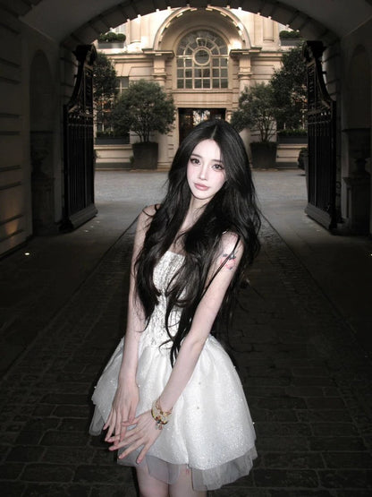 temperament white lace suspender waist puffy dress short women's birthday dress sleeveless skirt summer