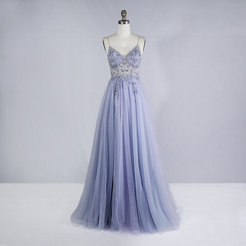 maoxiangshop pop culture dress to impress Heavy Industry Beaded Crystal Ball Gown 2024 New Autumn and Winter Strap Long Sexy Tulle V-neck Evening Gown