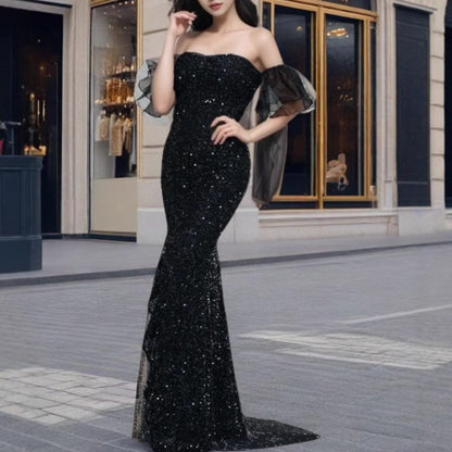 MAOXIANGSHOP 2025 spring 2025 new New Popular trade women's clothing independent station ebay sexy bright silk short-sleeved banquet dress