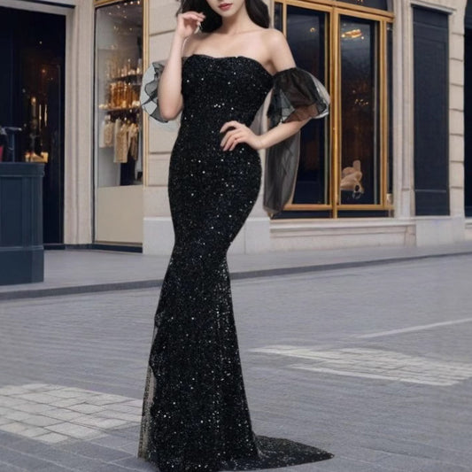 MAOXIANGSHOP 2025 spring 2025 new New Popular trade women's clothing independent station ebay sexy bright silk short-sleeved banquet dress