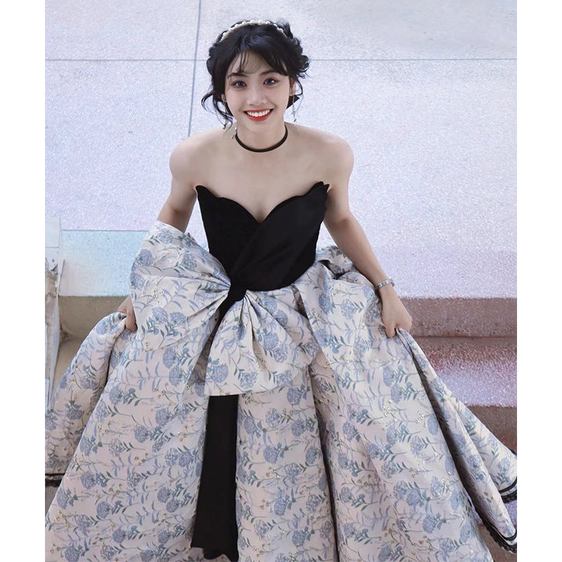 2025Tube top evening dress skirt  high-end light luxury niche students graduation art examination performance clothes host dress