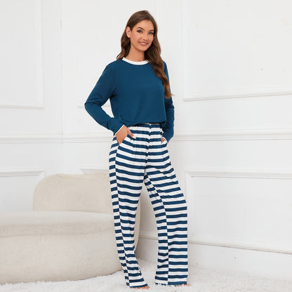 MAOXIANGSHOP 2025Real spot New new round neck long-sleeved top striped printed tether trousers loungewear pajamas set women