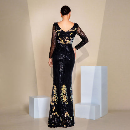 2025 high-end temperament sexy long sequins long sleeves crew neck banquet evening dress bridesmaid dress women