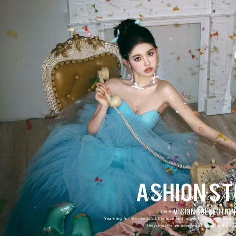 2025Temperament tube top light wedding dress  theme wedding dress new blue street photo interior photography clothing colorful women