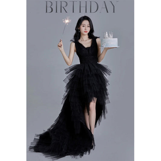 2025Evening dress  new black front short rear long trailing wedding dress annual meeting stage performance catwalk host