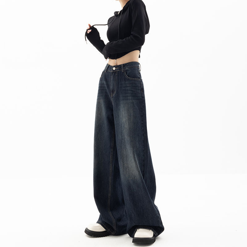 maoxiangshop-shop picture day outfit American Retro Street Wide-Leg Pants Design Sense Niche Blue Mopping Pants High Waist Loose High Waist Jeans for Women