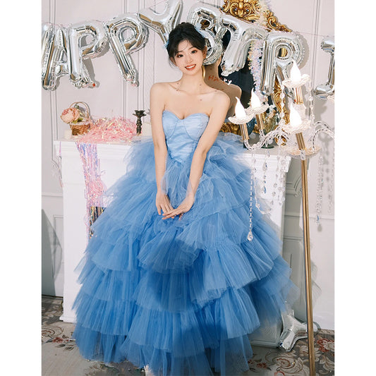 2025Studio theme blue tube top wedding dress sweet fashion super fairy princess style light luxury photography outdoor photo fluffy yarn