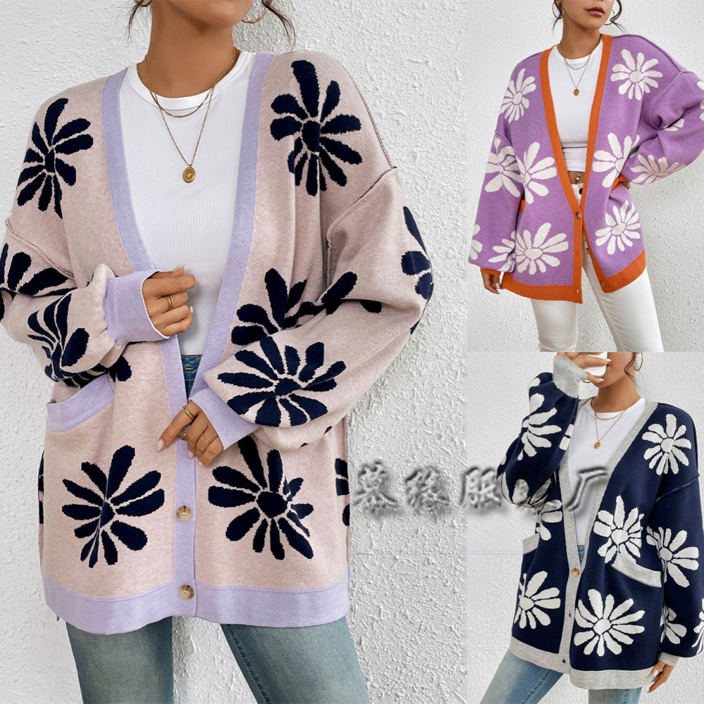 MAOXIANGSHOP New autumn and winter   new V-neck printed commuter temperament loose knitted cardigan sweater women's coat