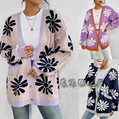 MAOXIANGSHOP New autumn and winter   new V-neck printed commuter temperament loose knitted cardigan sweater women's coat