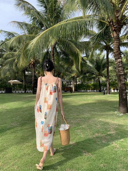 2025 double coconut tree summer holiday loose and slightly fat vacation beach dress colorful fringed suspender print dress women