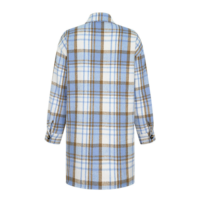 maoxiangshop outfit inspo Fall 2024 Women's Woolen Lapel Button Plaid Pocket Long-Sleeved Coat for Women