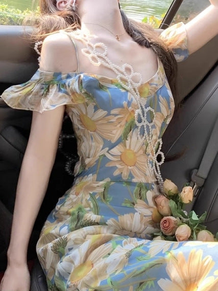 skirt with small flying sleeves and one-shoulder dress Summer women's tea break floral seaside vacation forest style first love skirt