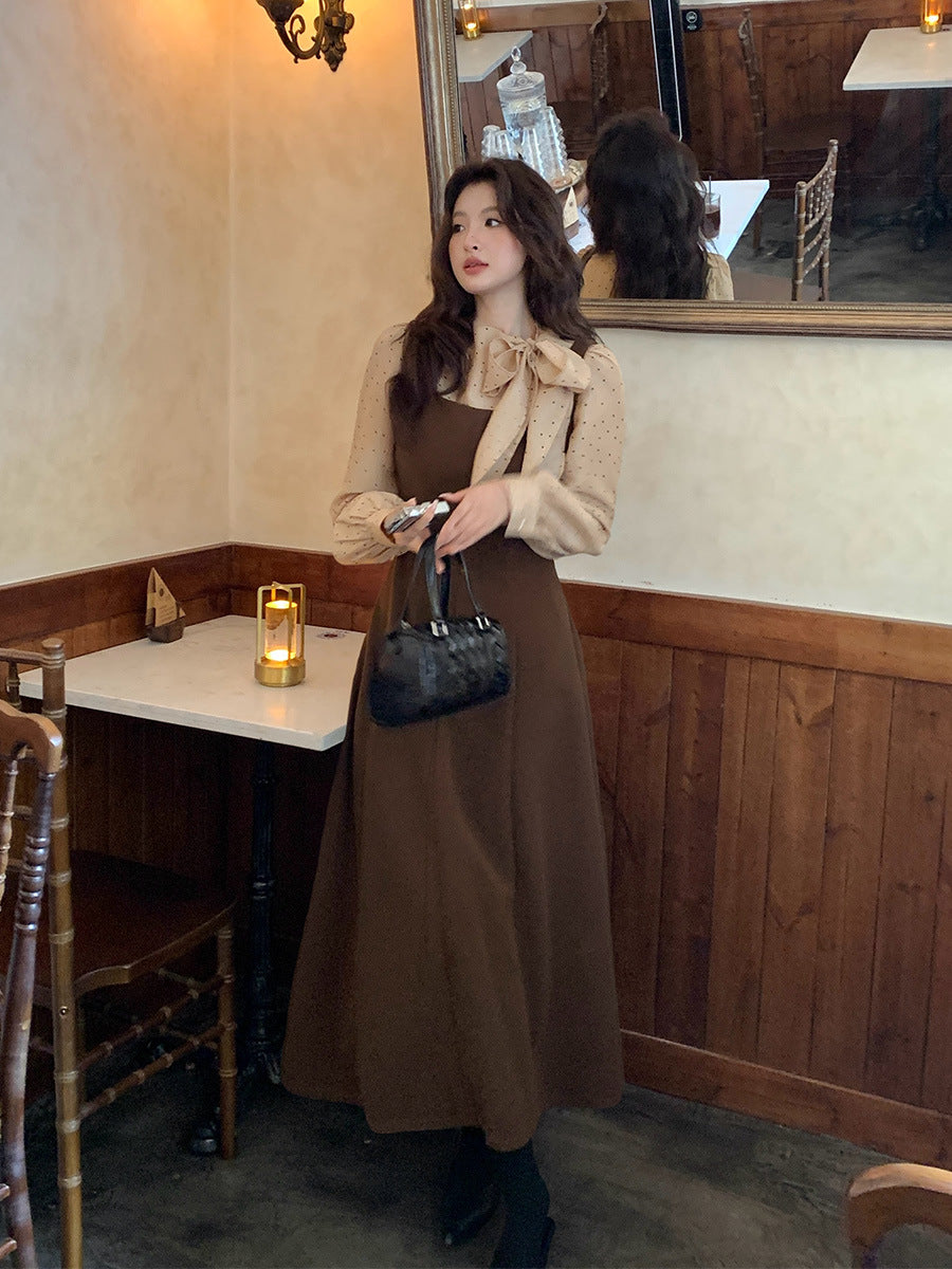 2025 popular autumn and winter new Korean version temperament versatile wool sleeveless dress suspender long dress 88148