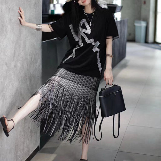 Hot Sale Skirt Women's Skinny Straight Skirt High Sense Bronzing Internet celebrity bloggers recommend pleated fringed hip skirt