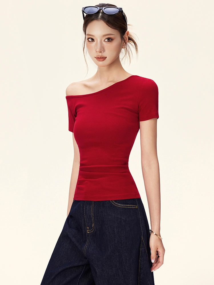 2025 Summer New Spice Girl Slant Shoulder Off-Shoulder Short Sleeve T-Shirt Women's Design Sense Short Slim Waist Tide