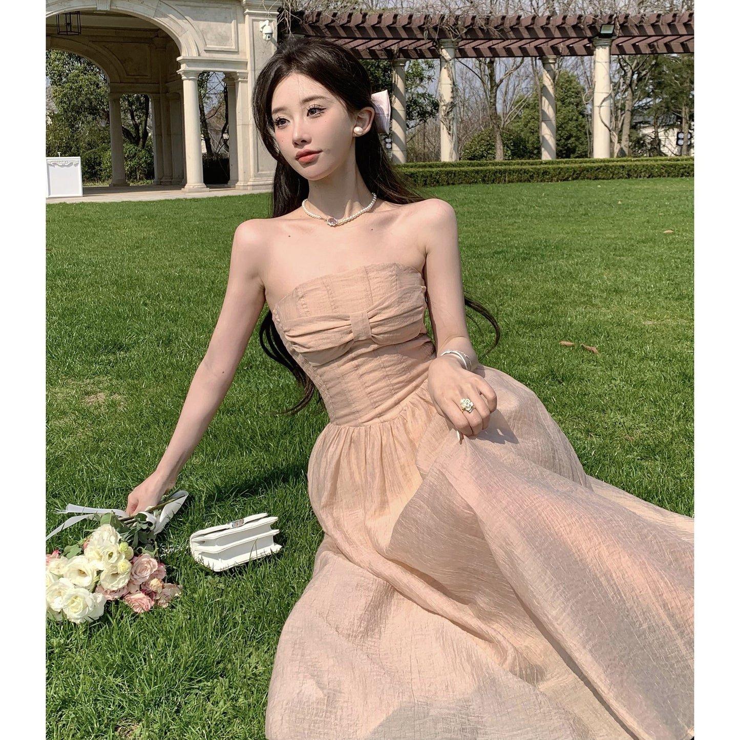 2025 Pure desire style sexy tube top dress women's summer niche design high-end skirt  chic waist long dress