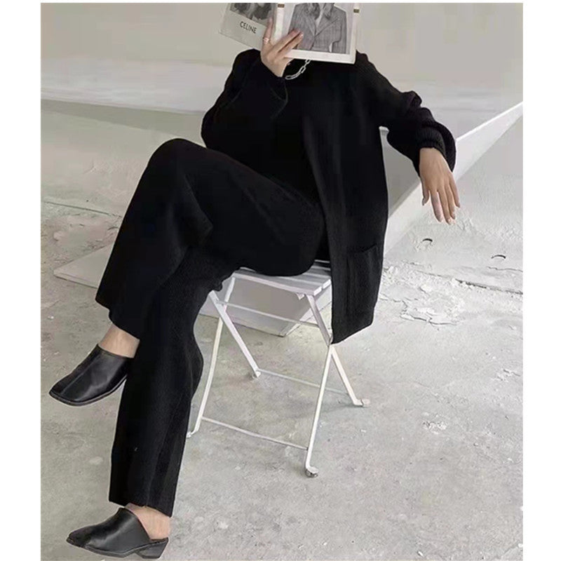 maoxiangshop business casual outfits Three-Piece Fashion Women's Knitted Suit Autumn and Winter Socialite Temperament Thickened Wide-Leg Pants Bottoming Sweater Cardigan Women's Clothing