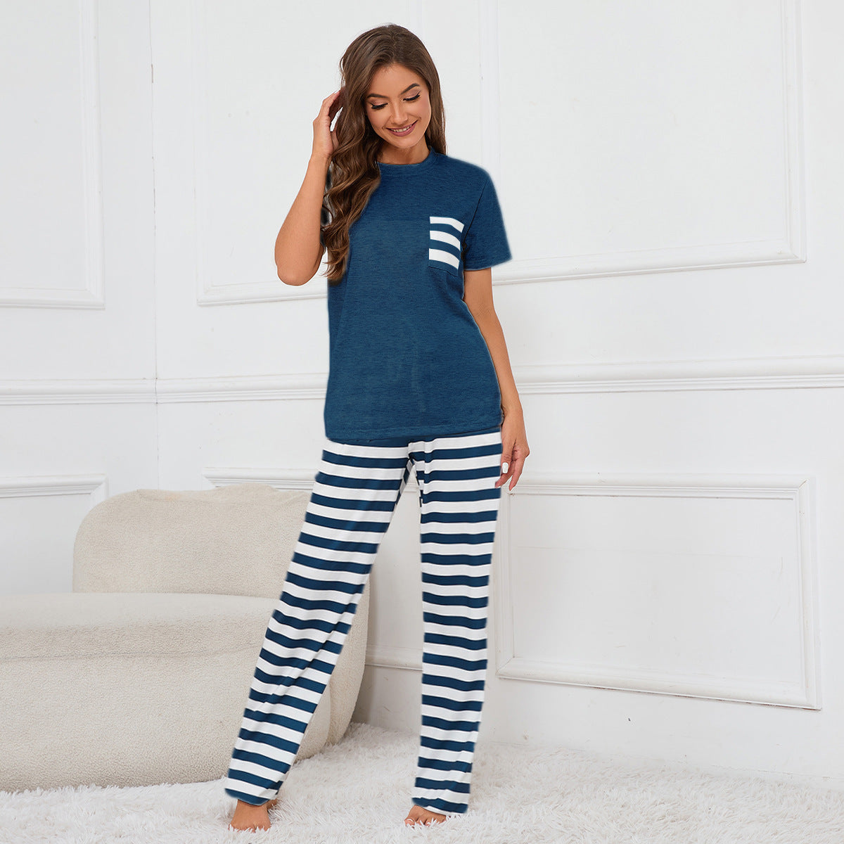MAOXIANGSHOP 2025Real spot 2025 new crew neck short-sleeved top striped printed tether trousers loungewear pajamas set women