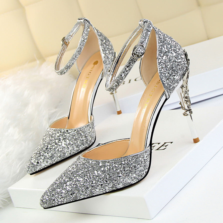 283-A5 2025 sexy hollow women's shoes metal decorative high heel shallow mouth pointed sequins word with hollow sandals