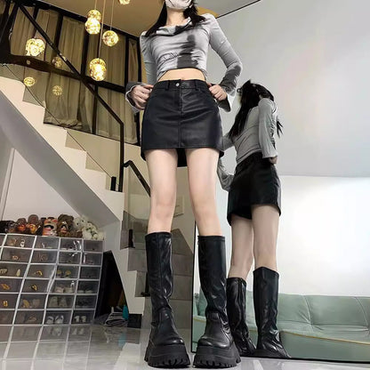 maoxiangshop-shop y2k Black PU Leather Hot Girl Short Skirt for Women Autumn and Winter New plus Size Chubby Girl High Waist Slimming Sheath A- Line