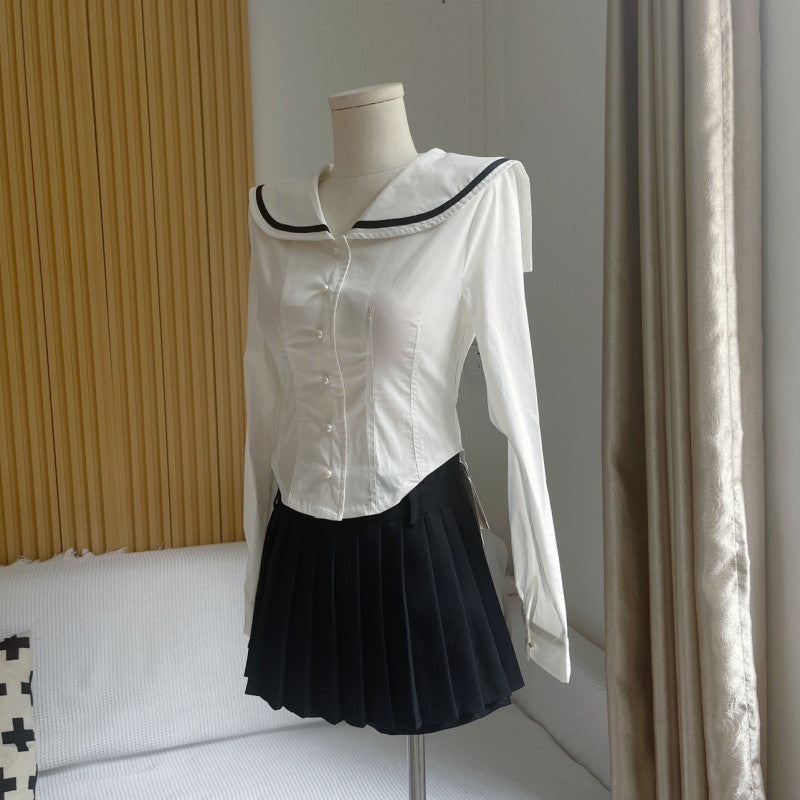 maoxiangshop pirates vs sailors drees to impress French Preppy Style Navy Collar Slim Shirt New Women's Autumn Niche Waist Irregular Hem Top