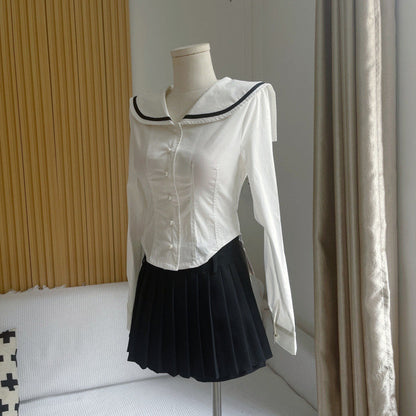 maoxiangshop pirates vs sailors drees to impress French Preppy Style Navy Collar Slim Shirt New Women's Autumn Niche Waist Irregular Hem Top