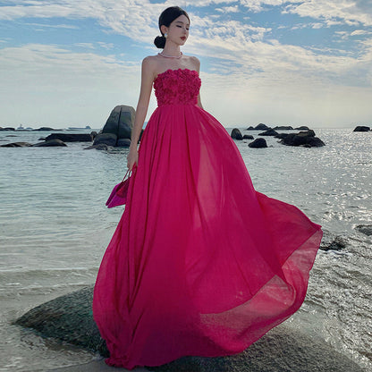 dressing gown birthday dress rose red three-dimensional flower sexy tube top dress vacation dress big swing dress women