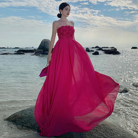 dressing gown birthday dress rose red three-dimensional flower sexy tube top dress vacation dress big swing dress women