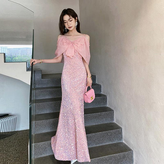Pink evening dress 2025 new style light luxury niche New fishtail skirt female host graduation adult ceremony