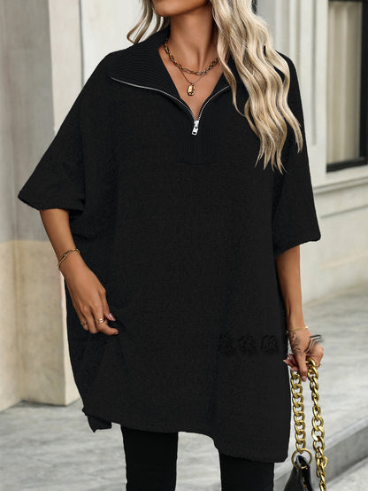 MAOXIANGSHOP New autumn and winter new   women's clothing fashion medium and long knitted sweater long-sleeved zipper lapel sweater women