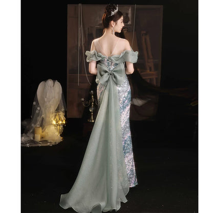 Fishtail evening dress skirt women's high-end sense light luxury niche high-end celebrity sexy host annual meeting one-word shoulder autumn