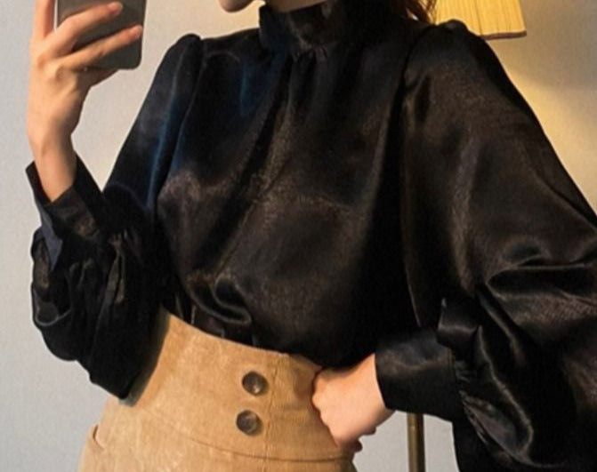 maoxiangshop 2000s fashion Spring and Autumn Korean-Style Fashionable Stand Collar Personalized All-Match Lantern Sleeve Satin Shirt Top for Women